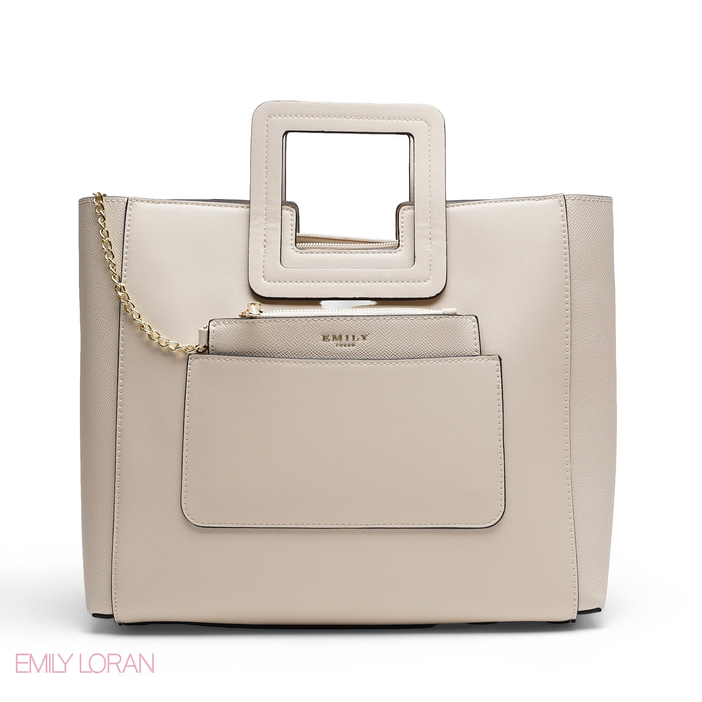 CREAM TEXTURED LEATHER TOTE AND SNAKESKIN POUCH BAG