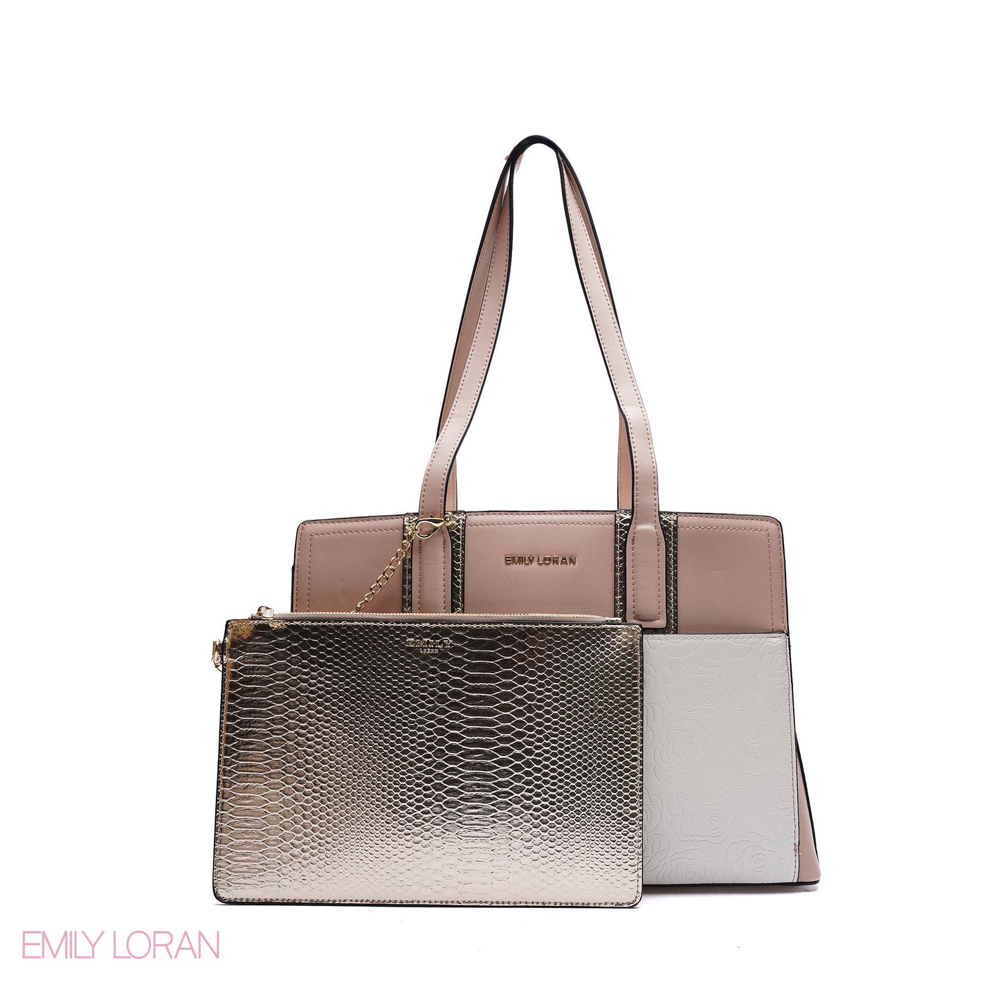 EMBOSSED FLORAL HANDBAG WITH SNAKESKIN POUCH