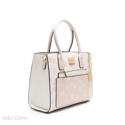 WHITE FLORAL TOTE WITH WHITE POUCH - LARGE