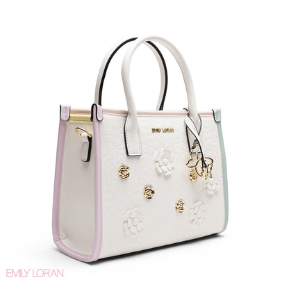 EMBOSSED METALLIC FLORAL TOP HANDLE TOTE BAG - LARGE