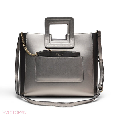 SILVER TEXTURED LEATHER TOTE AND POUCH BAG