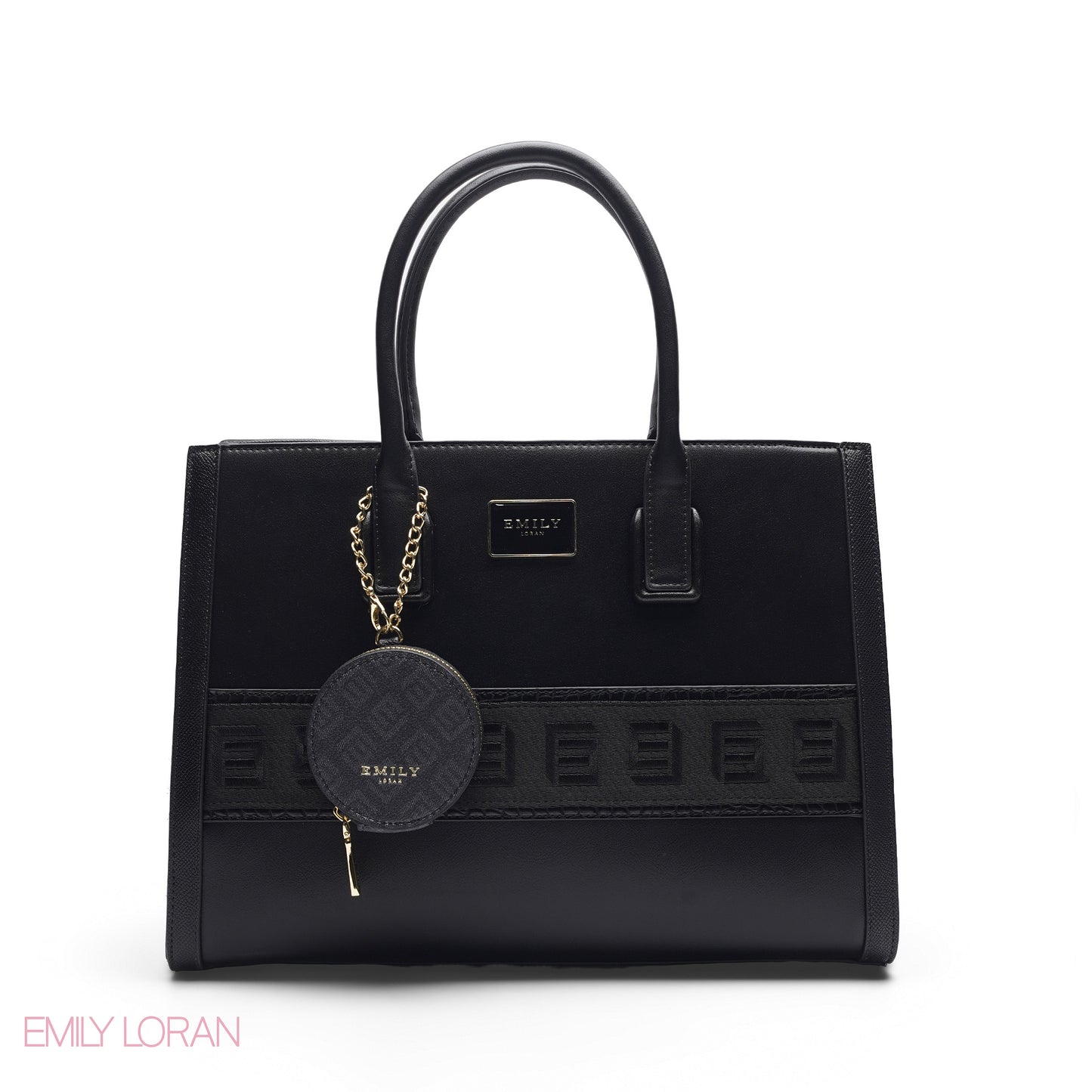 BLACK SOLID TOTE WITH STRAP & ROUND POUCH - LARGE