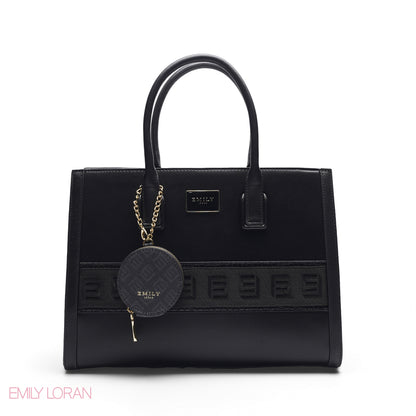 BLACK SOLID TOTE WITH STRAP & ROUND POUCH - LARGE