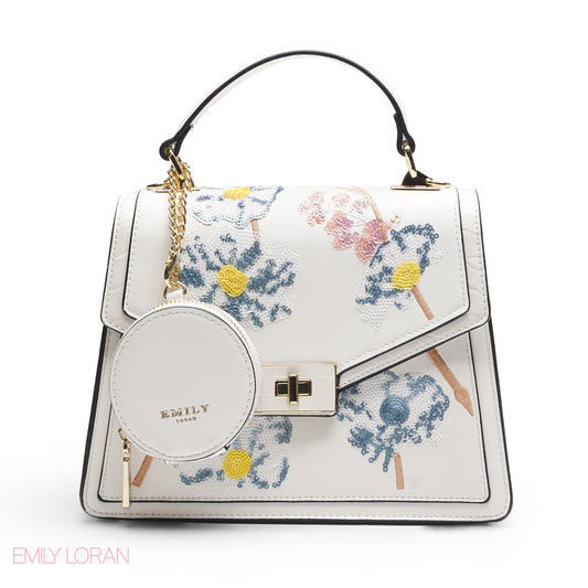 WHITE SEQUIN FLORAL SATCHEL WITH ROUND POUCH