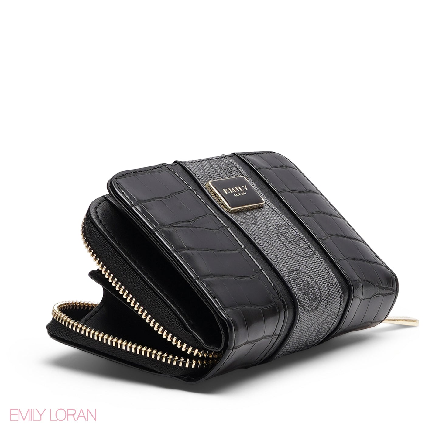 BLACK TRIM EMBOSSED ZIP-AROUND WALLET