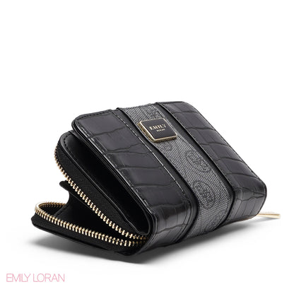BLACK TRIM EMBOSSED ZIP-AROUND WALLET