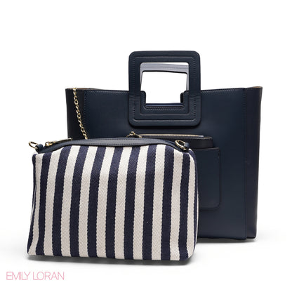NAVY TEXTURED LEATHER TOTE AND STRIPED POUCH BAG