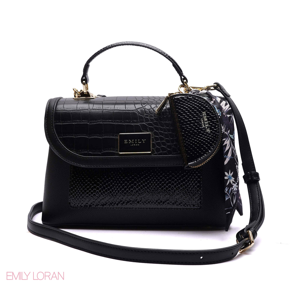FLIPPING HANDBAG CROC LEATHER WITH POUCH- MEDIUM