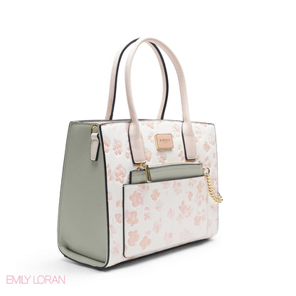 WHITE FLORAL TOTE WITH GREEN POUCH - LARGE