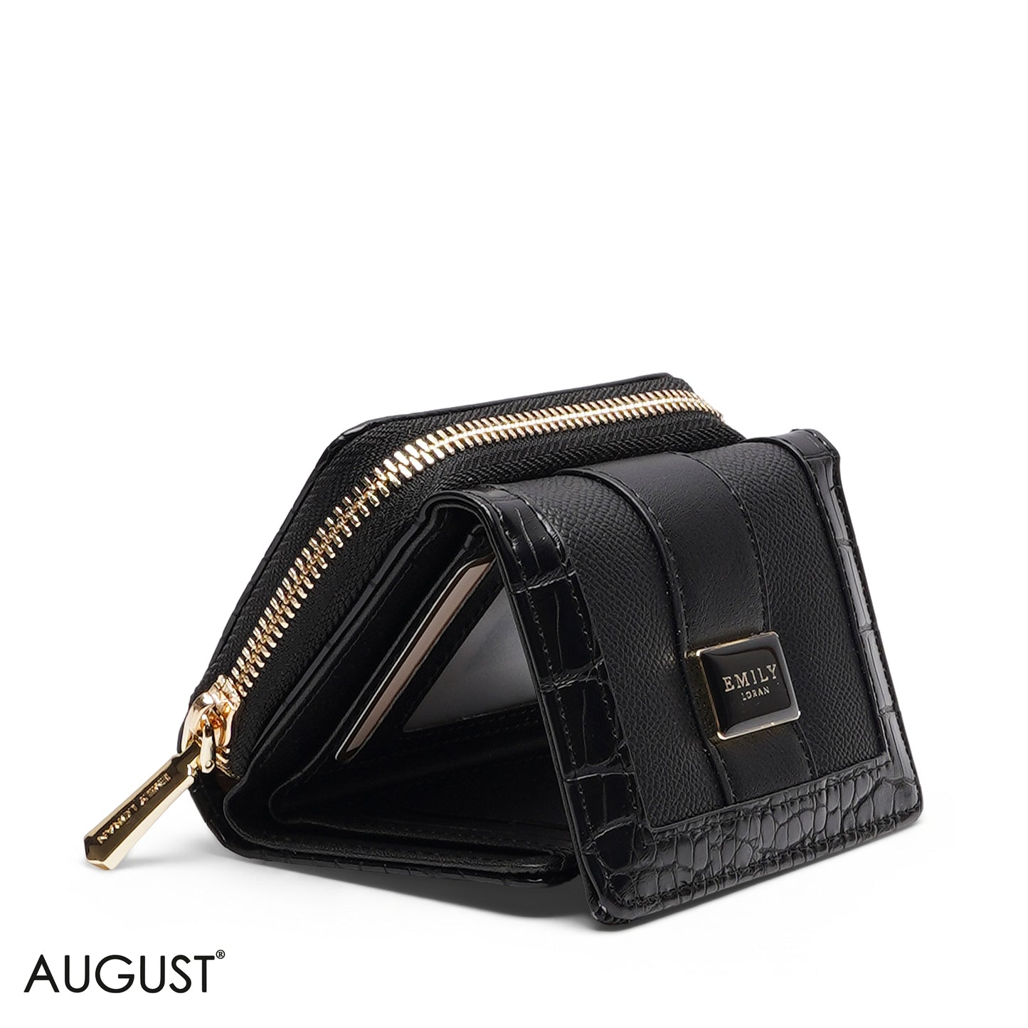 BLACK CROC LEATHER TRI-FOLD WALLET