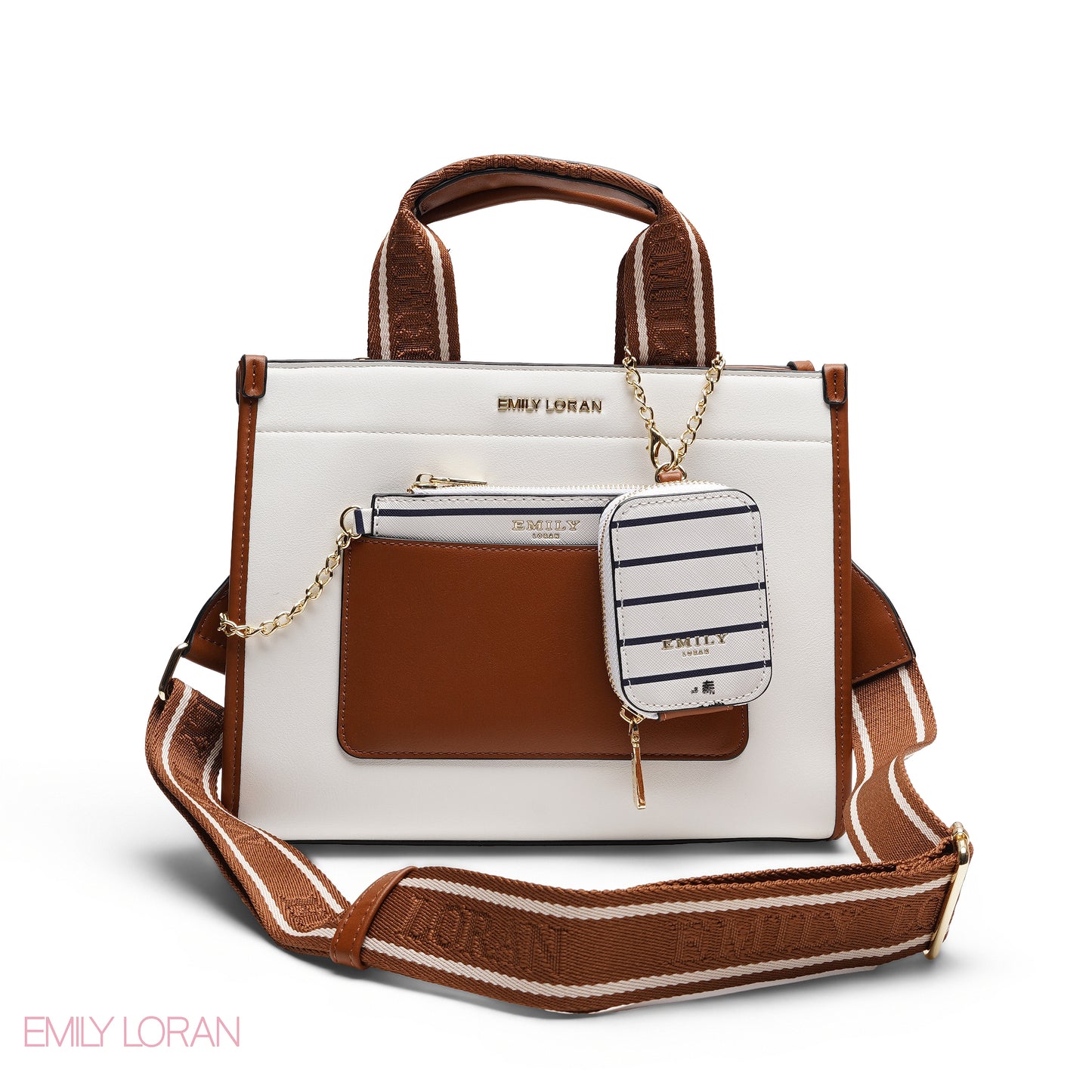 STRUCTURED BAG WITH BRANDED HANDLES AND STRIPPED POUCH