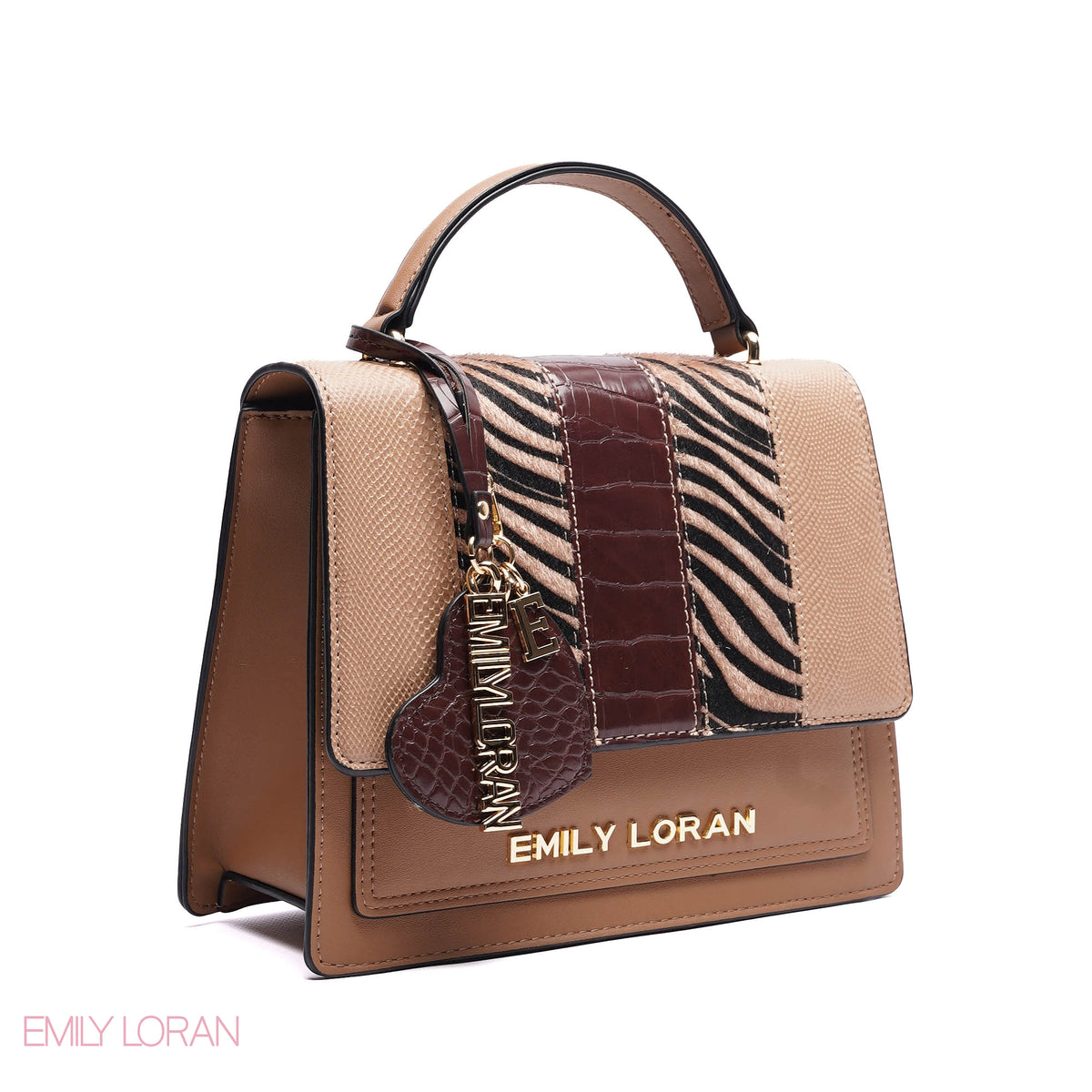 ELEGANT MIXED TEXTURE TOP HANDLE BAG WITH HEART CHARM - MEDIUM