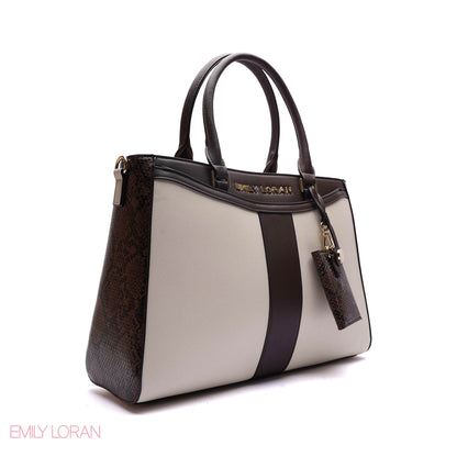 STRUCTURED PANEL TOTE BAG WITH SNAKESKIN TAG