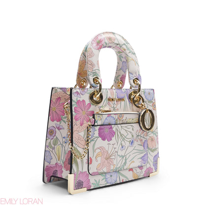 WHITE FLORAL LADY TOTE WITH POUCH