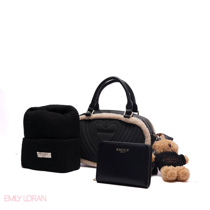 ELEGANT QUILTED HEART BAG SET WITH WALLET AND BEANIE