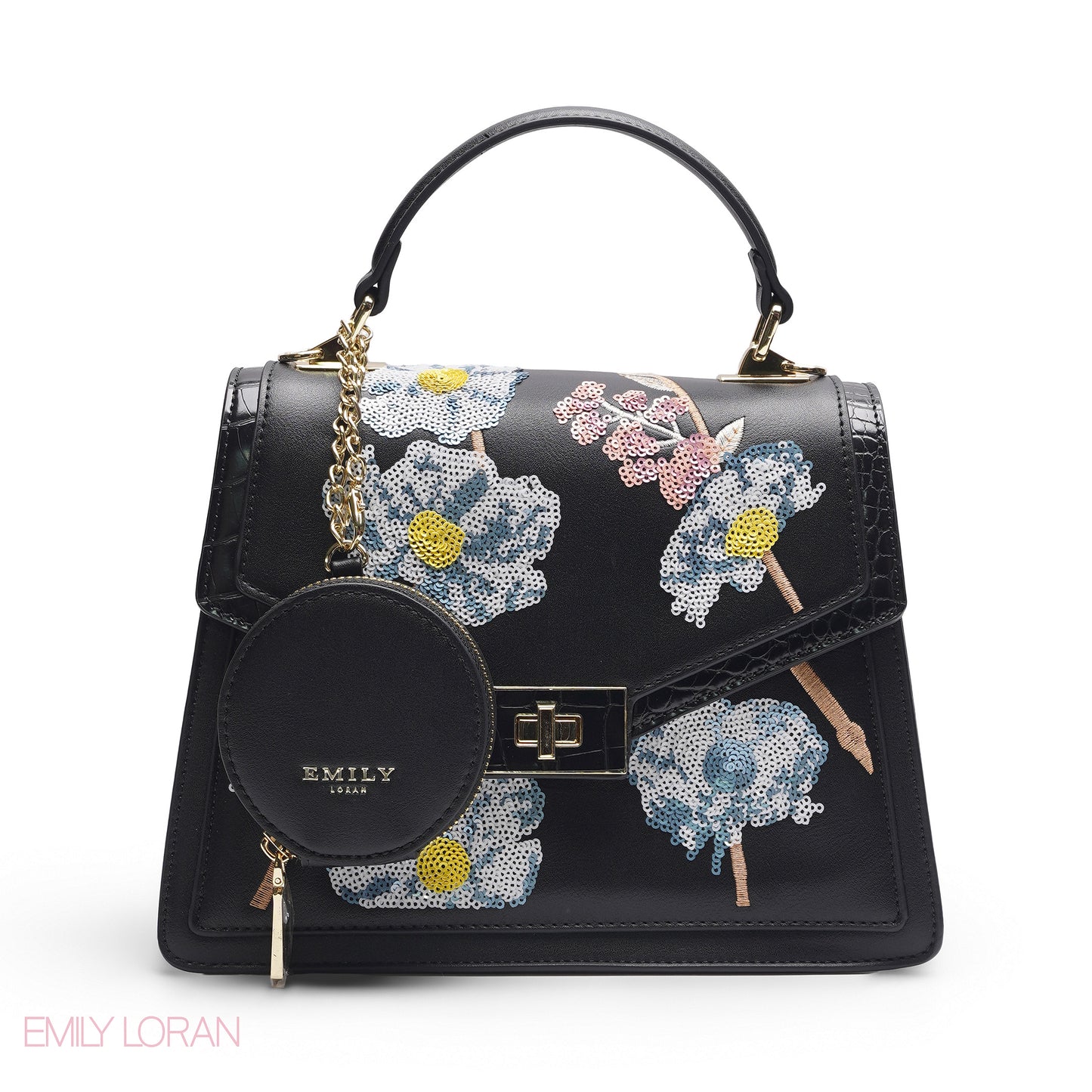 BLACK SEQUIN FLORAL SATCHEL WITH ROUND POUCH