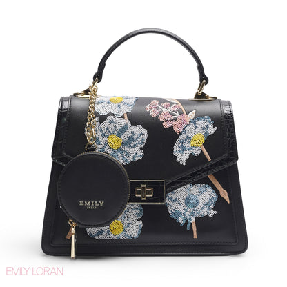 BLACK SEQUIN FLORAL SATCHEL WITH ROUND POUCH