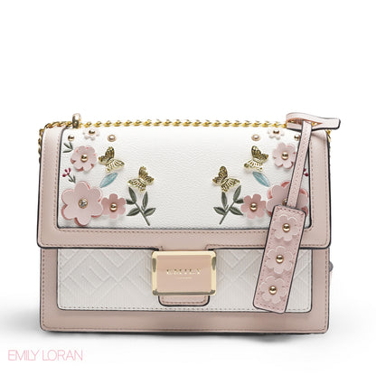 EMILY 3D FLORAL APPLIQUÉ CROSSBODY BAG - WHITE & BABY PINK
