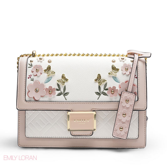 EMILY 3D FLORAL APPLIQUÉ CROSSBODY BAG - WHITE & BABY PINK