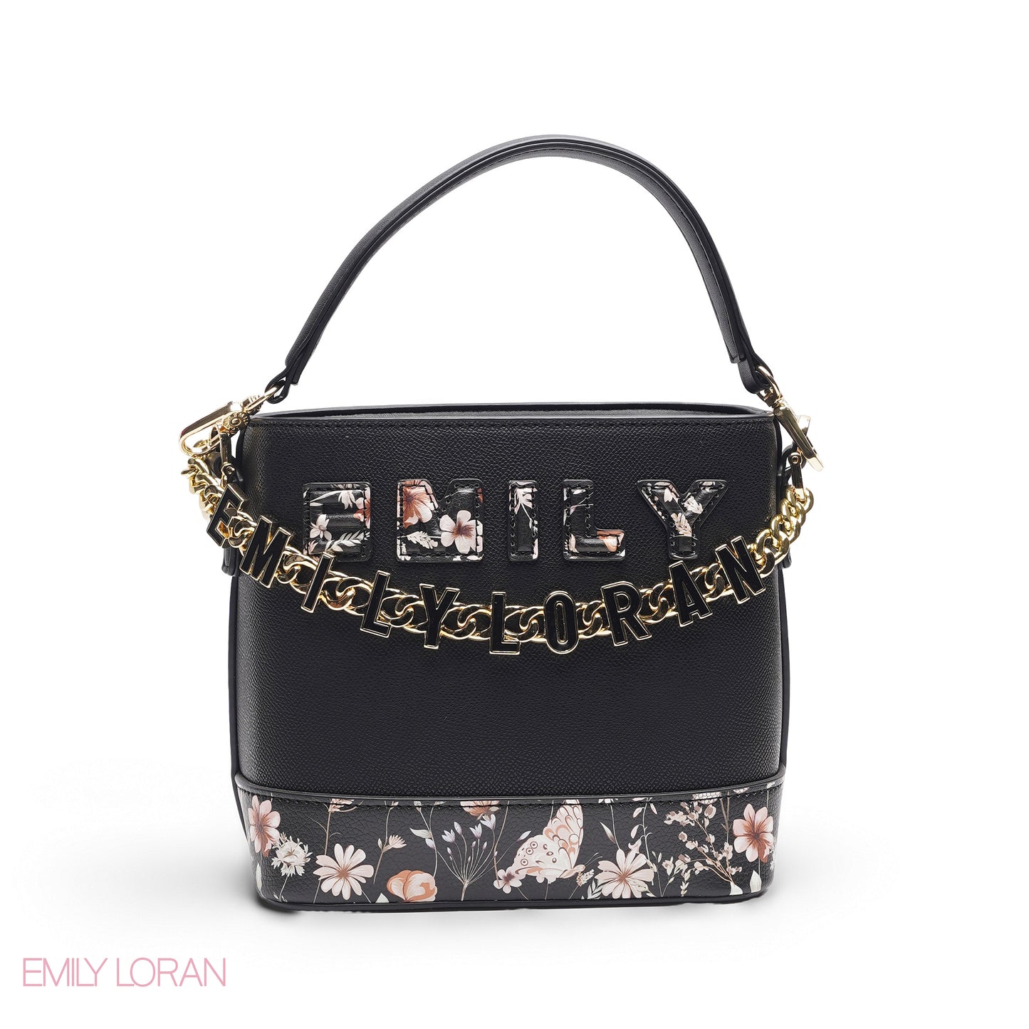 BLACK FLORAL TOTE WITH GOLD CHAIN & STRAP
