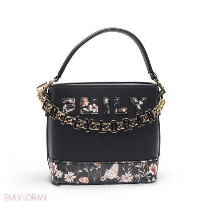 BLACK FLORAL TOTE WITH GOLD CHAIN & STRAP