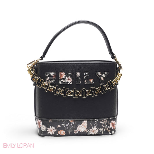 BLACK FLORAL TOTE WITH GOLD CHAIN & STRAP