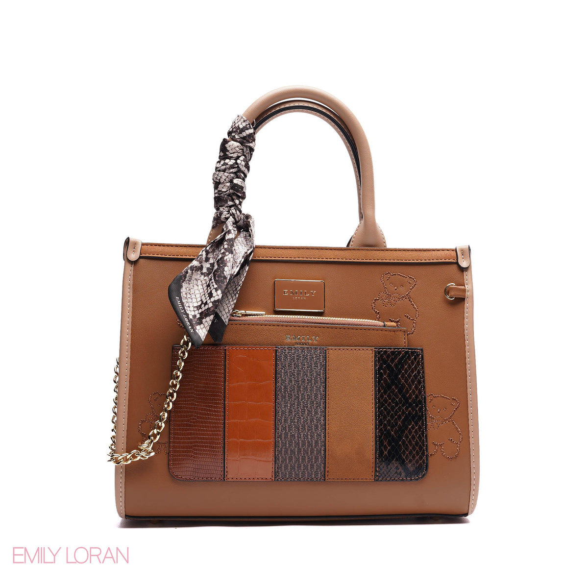 STRUCTURED TOTE BAG ADJUSTABLE SHOULDER STRAP WITH POUCH AND SCARF - MEDIUM