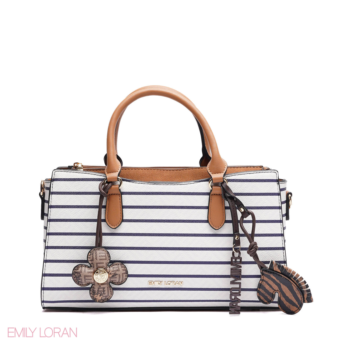 HANDBAG SOFT LEATHER STRIPPED PRINT WITH SIMPLE TWO CHARM - SMALL