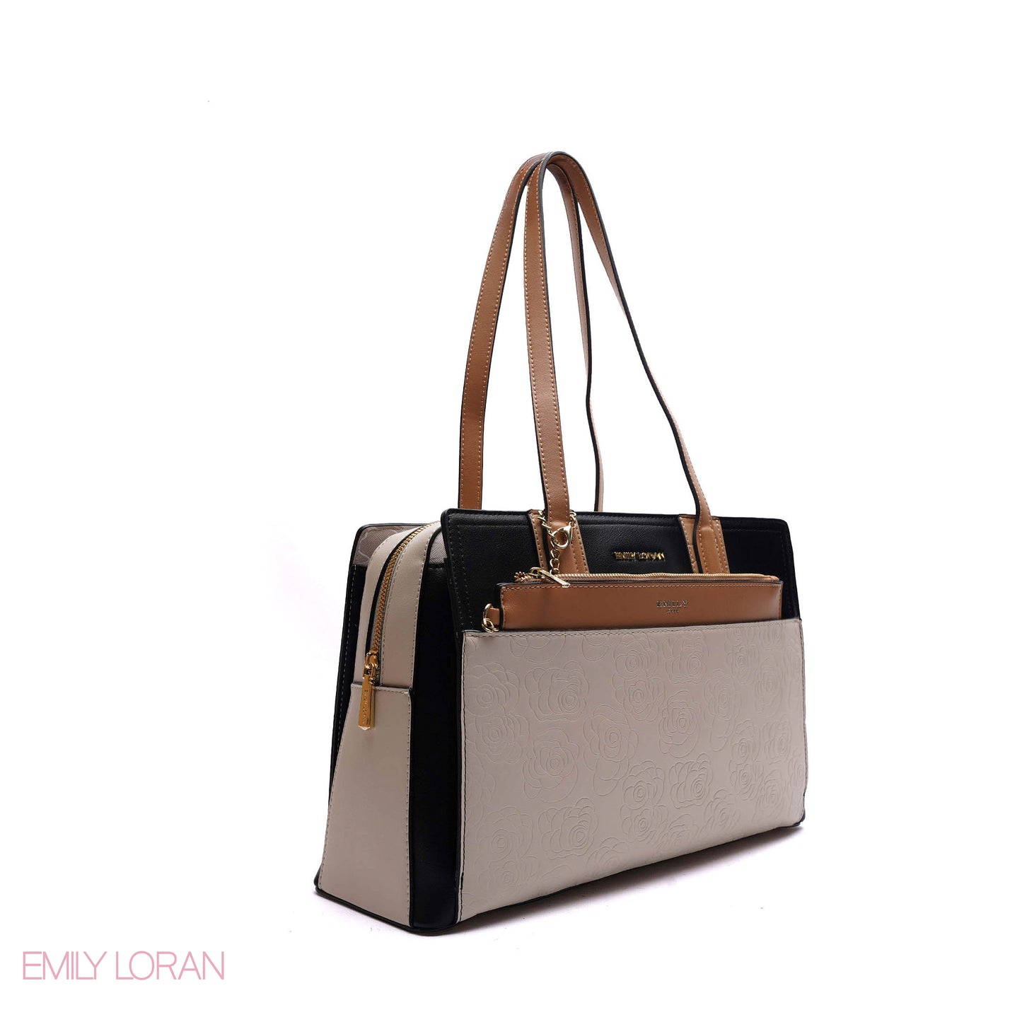 EMBOSSED FLORAL HANDBAG WITH SNAKESKIN POUCH