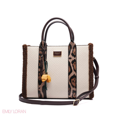 ELEGANT ZEBRA PRINT TOTE BAG WITH FLOWER CHARM - LARGE