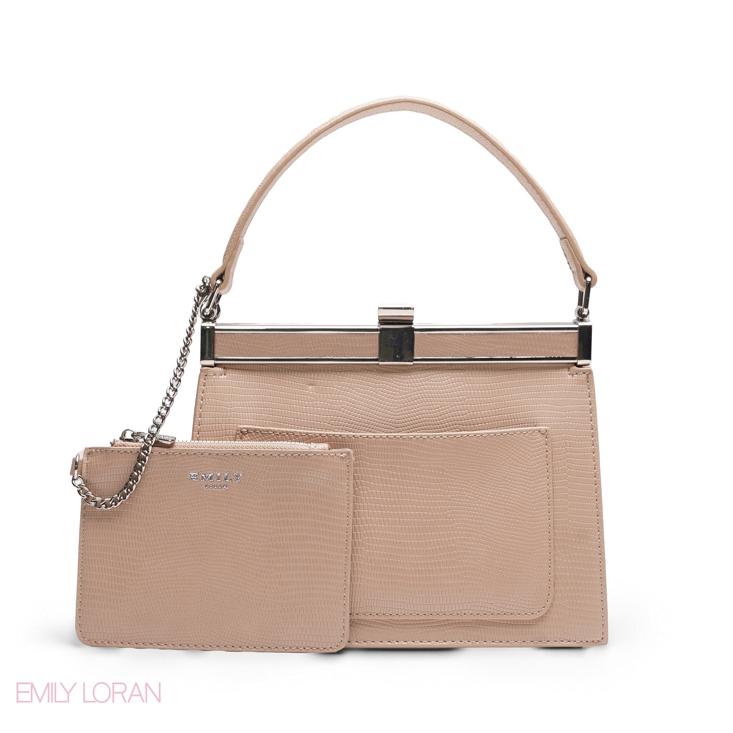 EMILY SOLID BEIGE TEXTURED FRAME BAG WITH MINI POUCH - MED