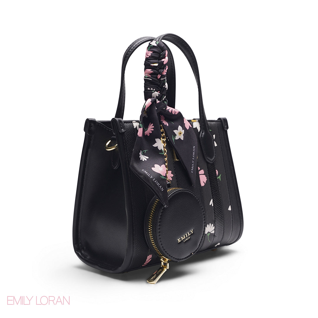 BLACK FLORAL TOTE WITH PINK PRINTS - SMALL