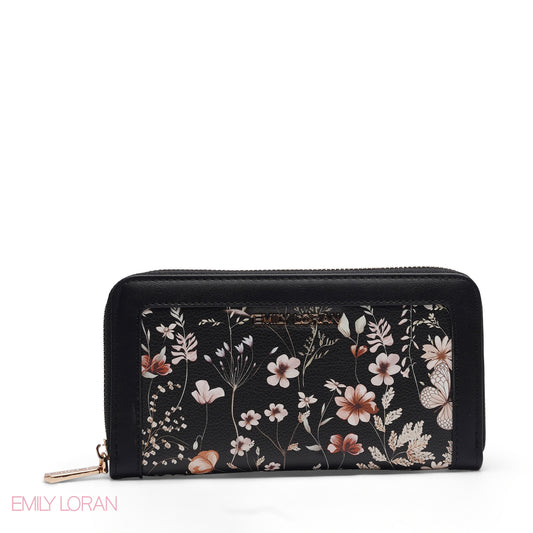 BLACK FLORAL ZIP-AROUND WALLET