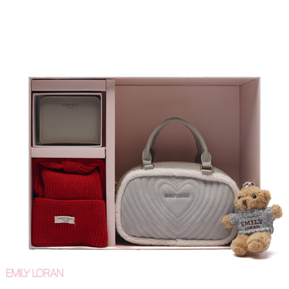 ELEGANT QUILTED HEART BAG SET WITH WALLET AND BEANIE