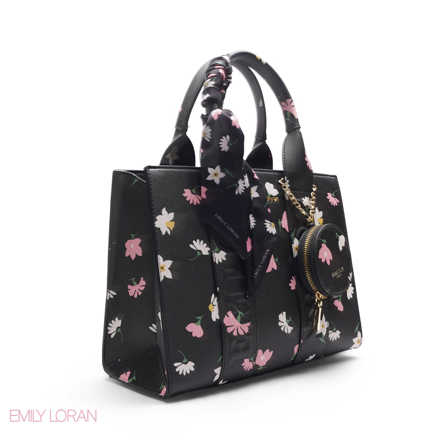 FLORAL PRINT SCARF BLACK TOTE BAG - LARGE