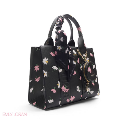 FLORAL PRINT SCARF BLACK TOTE BAG - LARGE