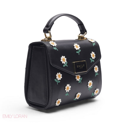 BLACK DAISY EMBROIDERED SATCHEL BAG
