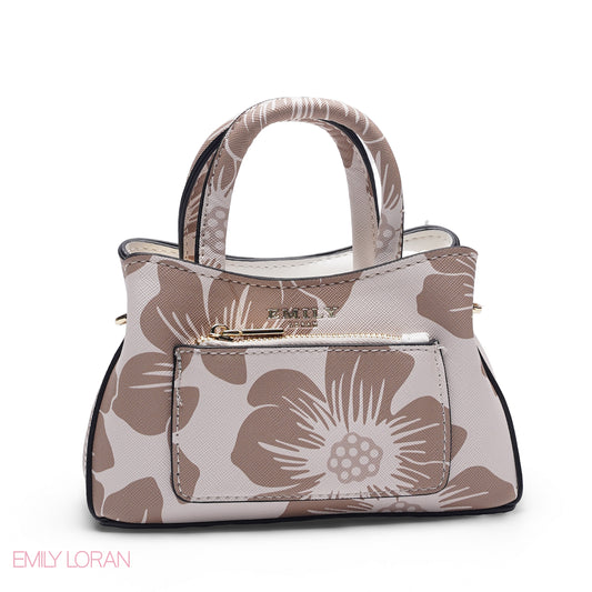 MINI FLORAL TAN & WHITE BAG WITH GOLD METAL STRAP