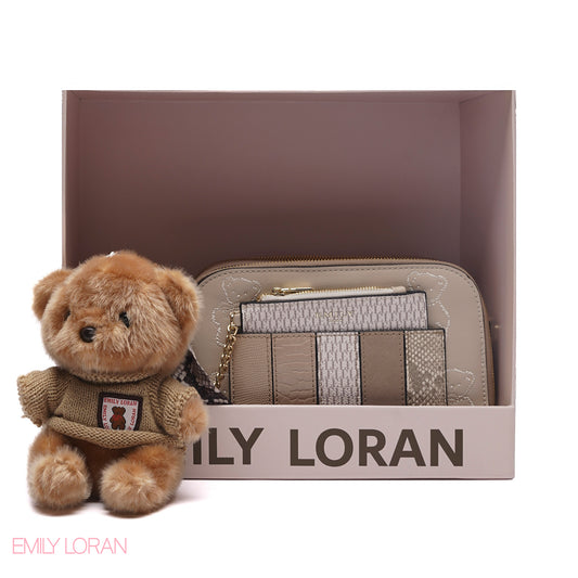 STYLISH PATCHWORK CAMERA BAG SET WITH PLUSH TEDDY CHARM