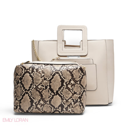 CREAM TEXTURED LEATHER TOTE AND SNAKESKIN POUCH BAG