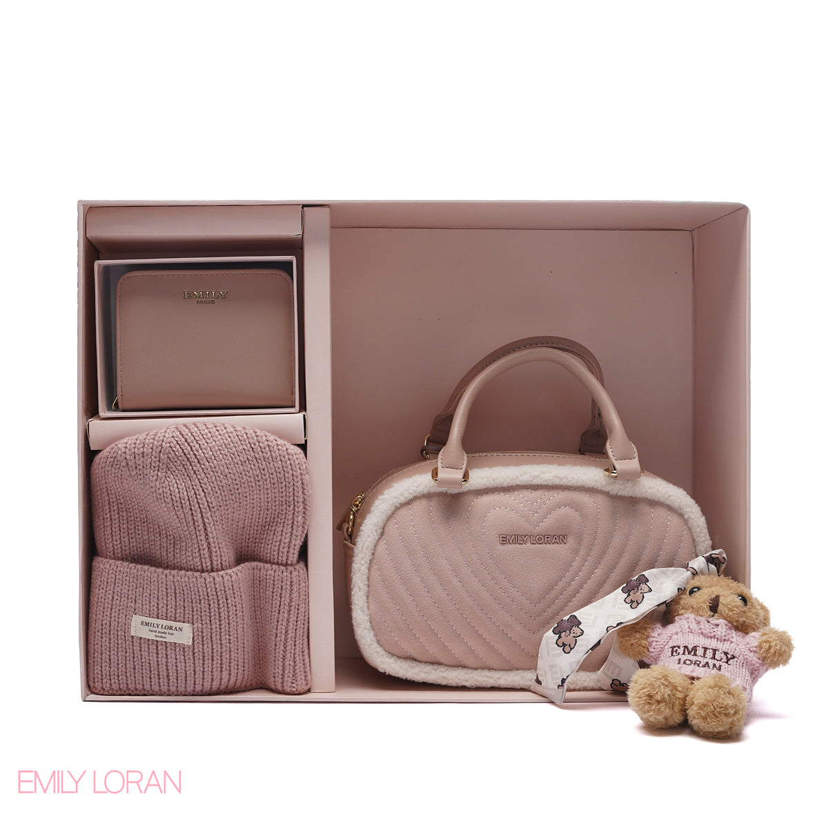 ELEGANT QUILTED HEART BAG SET WITH WALLET AND BEANIE