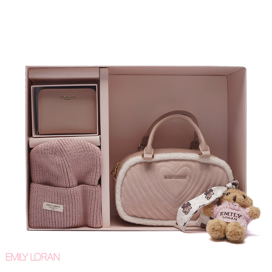 ELEGANT QUILTED HEART BAG SET WITH WALLET AND BEANIE