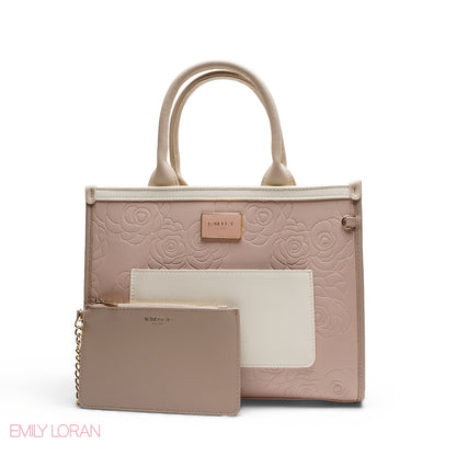 EMBOSSED ROSE TOTE WITH BRANDED STRAP BAG