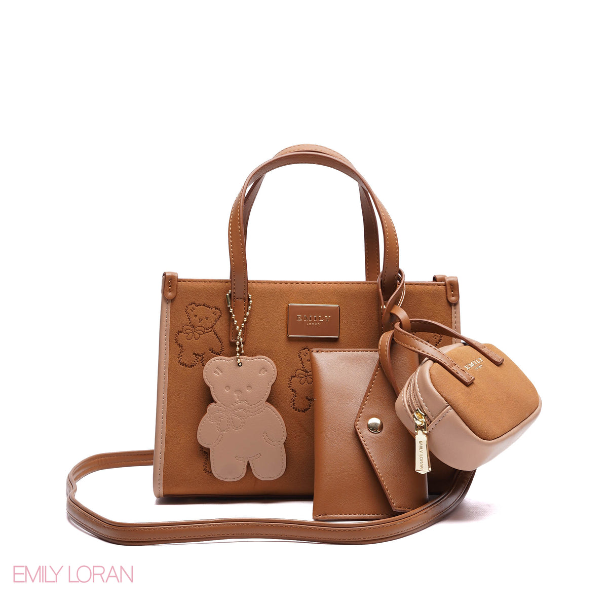 TEDDY BEAR HANDBAG CLOTH WITH SMALL POUCH , MINI WALLET AND TEDDY CHARM - SMALL