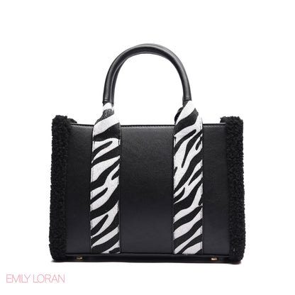 ELEGANT ZEBRA PRINT TOTE BAG WITH FLOWER CHARM - SMALL