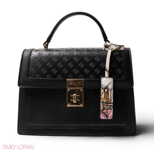 BLACK LEATHER HANDBAG WITH FLAP- MED
