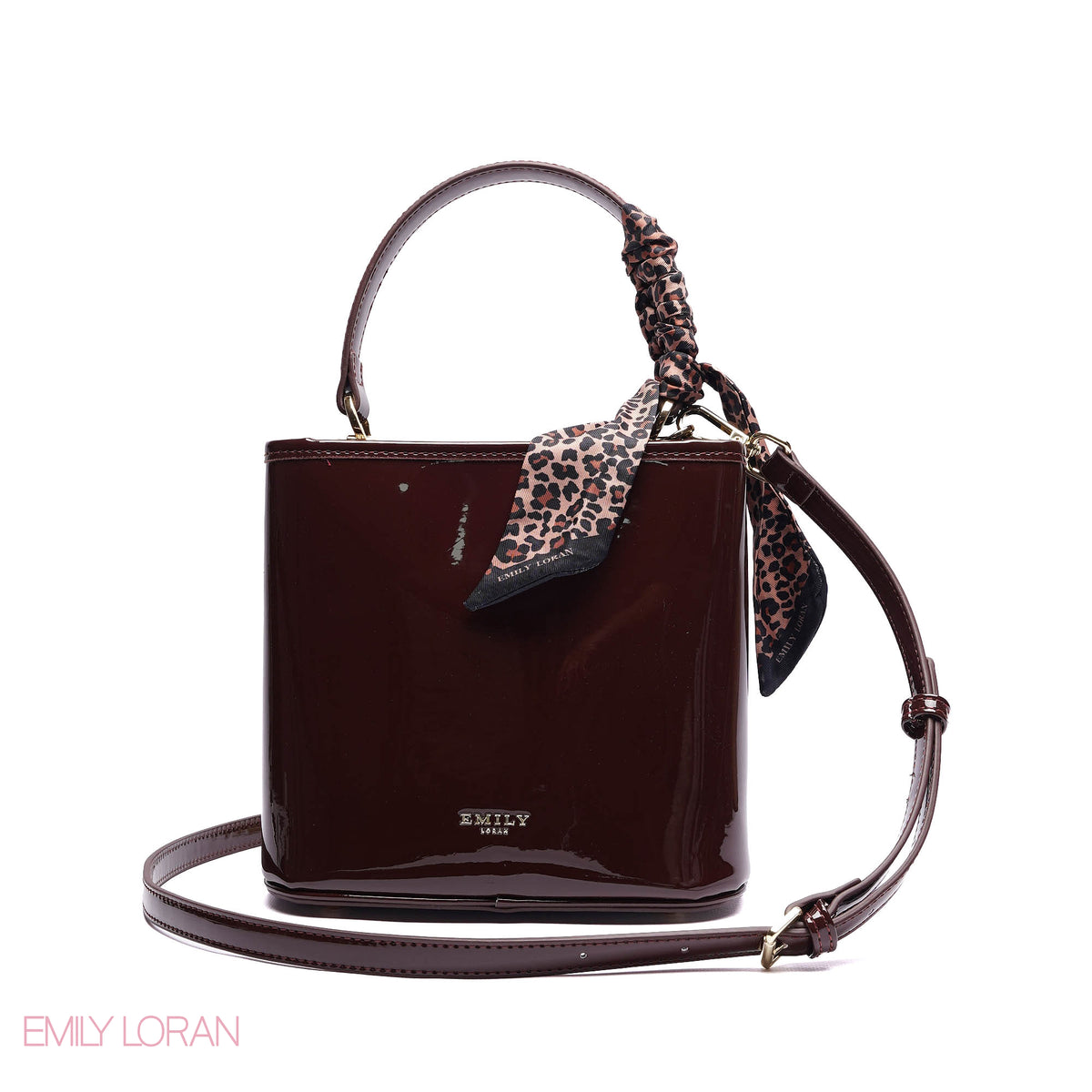 ELEGANT PATENT SUEDE BUCKET BAG WITH LEOPARD SCARF - SMALL