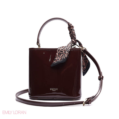ELEGANT PATENT SUEDE BUCKET BAG WITH LEOPARD SCARF - SMALL