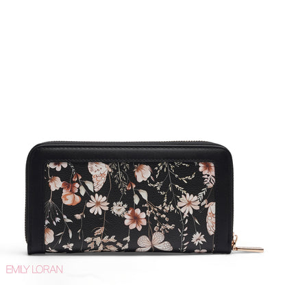 BLACK FLORAL ZIP-AROUND WALLET