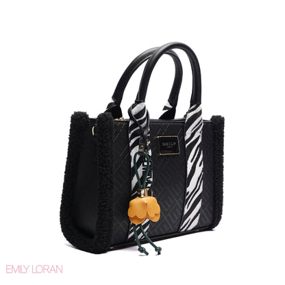 ELEGANT ZEBRA PRINT TOTE BAG WITH FLOWER CHARM - SMALL